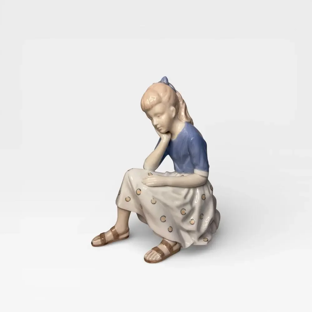 Andrea by Sadek Porcelain Figurine Girl Sitting Blue Top Polka Dot Skirt Japan